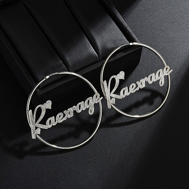 925 Sterling Silver Custom Hoop Diamond Heart Name Earrings