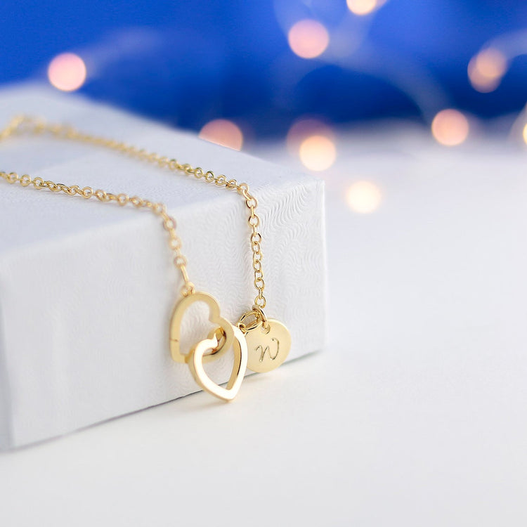 925 Sterling Silver Personalized Initial Double Hearts Anklet