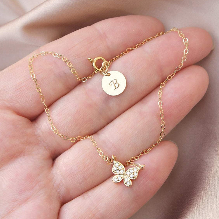 925 Sterling Silver Butterfly Anklet With A Personalized Custom Stamped Initial Disc - onlyone