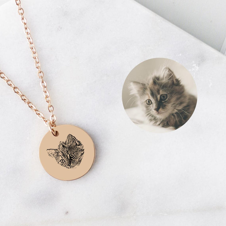 925 Sterling Silver Personalized Pet Round Photo Engraved Necklace Gift for Cat Lovers