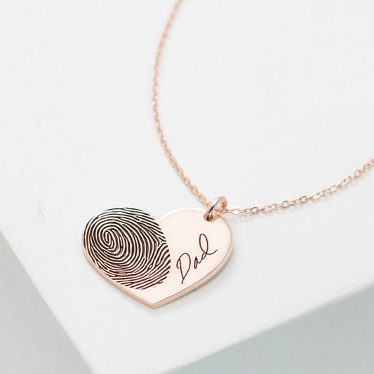 925 Sterling Silver Personalized Engraved Fingerprint Thumbprint Heart Name Necklace Nameplate Necklace - onlyone