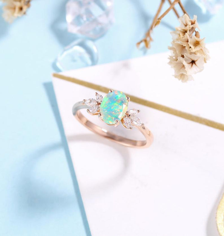 Faceted Oval cut Opal Engagement Ring Rose gold Women | Antique Moissanite Bridal Marquise Jewelry |Unique Promise Anniversary Gifts for Her - onlyone