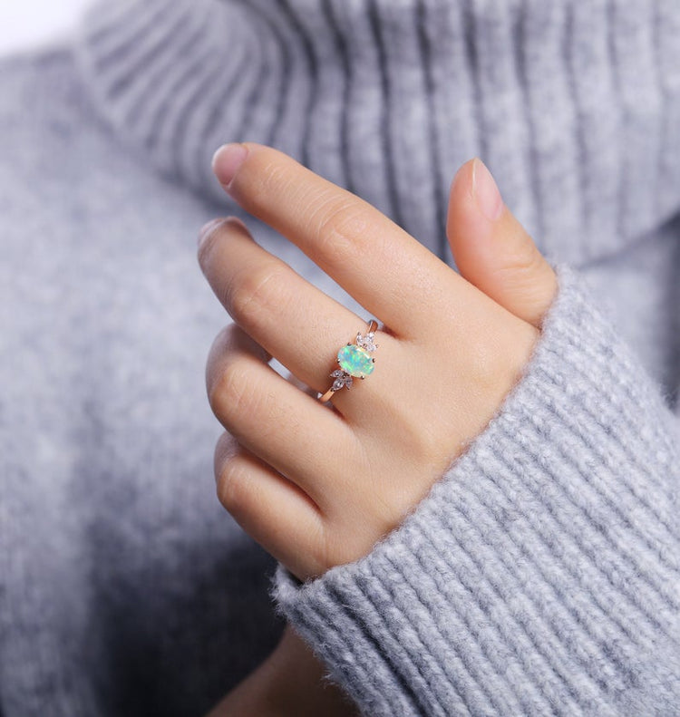 Faceted Oval cut Opal Engagement Ring Rose gold Women | Antique Moissanite Bridal Marquise Jewelry |Unique Promise Anniversary Gifts for Her - onlyone