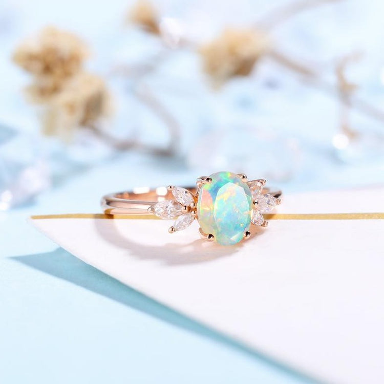 Faceted Oval cut Opal Engagement Ring Rose gold Women | Antique Moissanite Bridal Marquise Jewelry |Unique Promise Anniversary Gifts for Her - onlyone