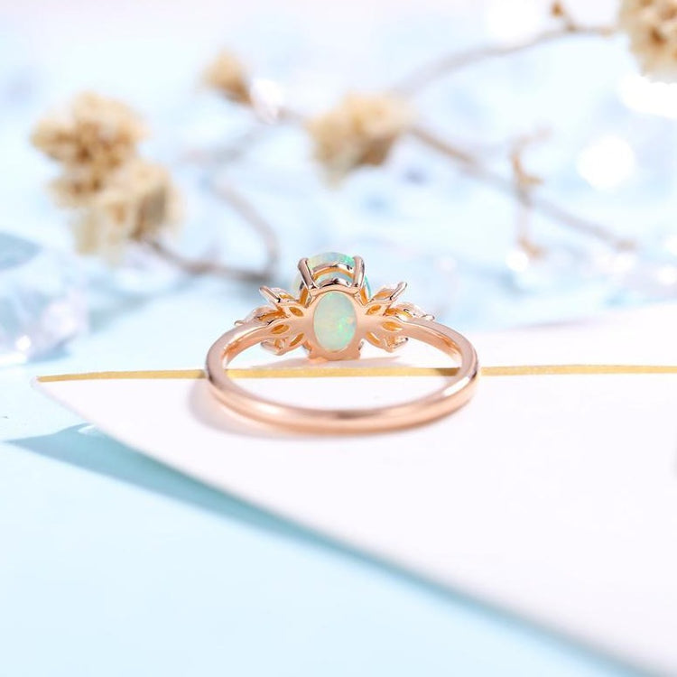Faceted Oval cut Opal Engagement Ring Rose gold Women | Antique Moissanite Bridal Marquise Jewelry |Unique Promise Anniversary Gifts for Her - onlyone