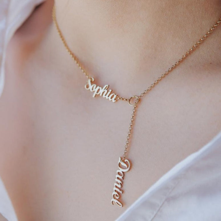 925 Sterling Silver Vertical Lariat Multi Names Y Style Nameplate Necklace