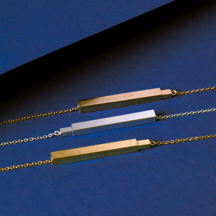 925 Sterling Silver Personalized Secret Message Horizontal 3D Bar Necklace
