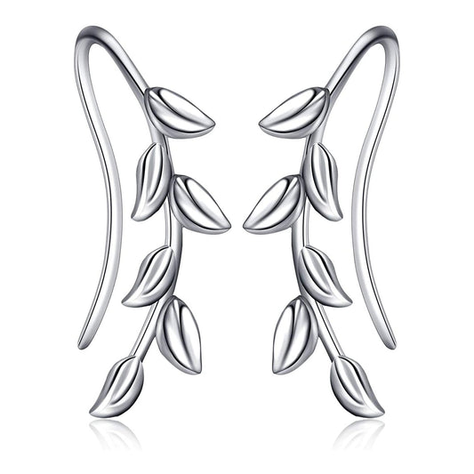 925 Sterling Silver Willow Leaf Ear Climber Crawler Cuff Earrings