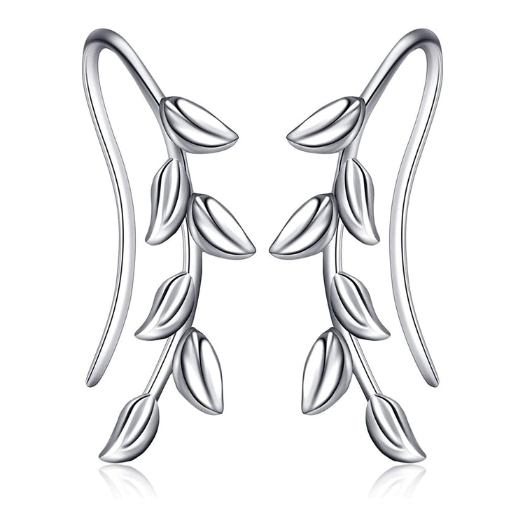 925 Sterling Silver Willow Leaf Ear Climber Crawler Cuff Earrings