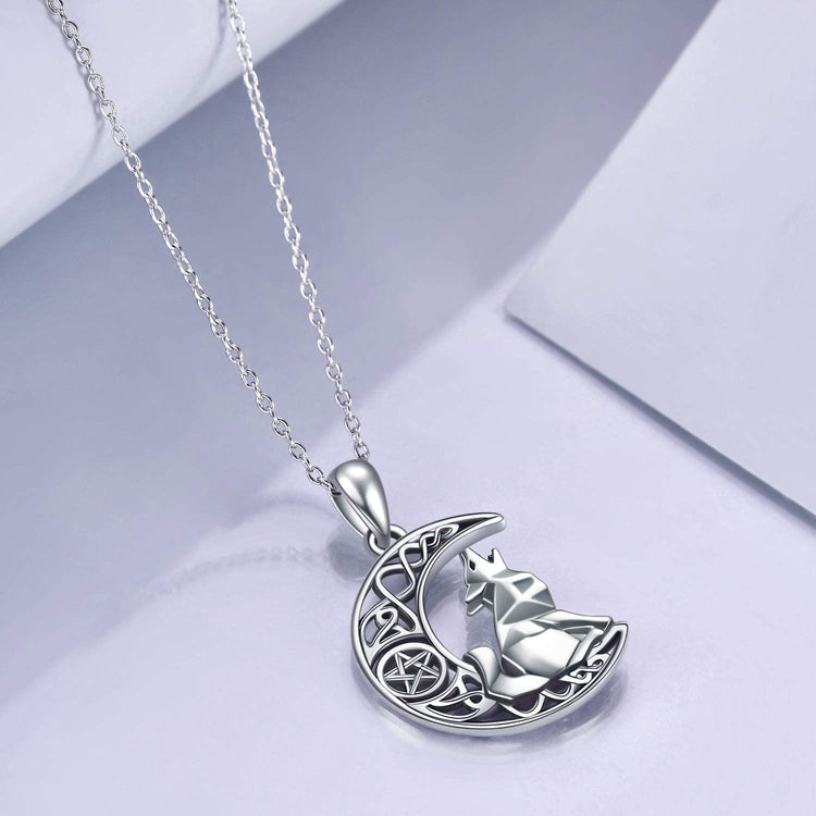 925 Sterling Silver Celtic Knot Crescent Moon Wolf Pendant Necklace