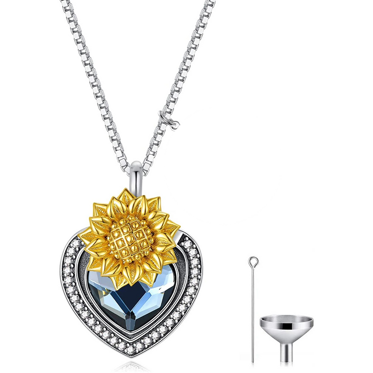 PRAYBIRDS 925 Sterling Silver Heart Flower Urn Necklace for Ashes, Cremation Keepsake Necklace with Crystal