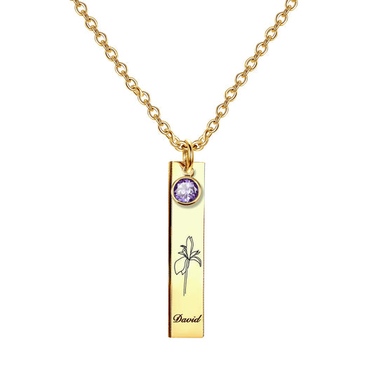 925 Sterling Silver Personalized Name & Birth Month Flower Vertical Birthstone Bar Necklace