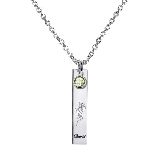 925 Sterling Silver Personalized Name & Birth Month Flower Vertical Birthstone Bar Necklace